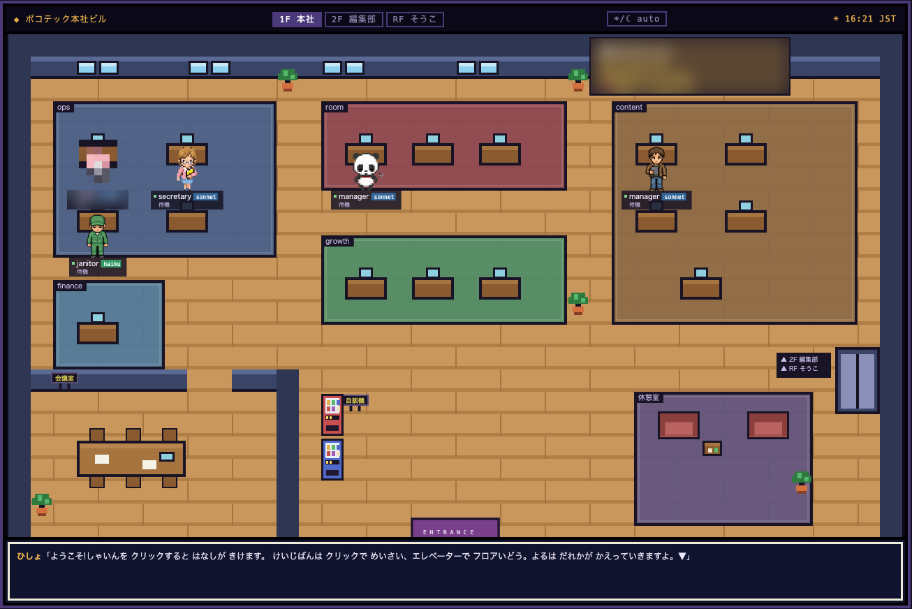 ドット絵で描かれたAI社員のオフィス。ops・room・content の部屋に数人いるだけで、growth と finance の部屋は空席になっている