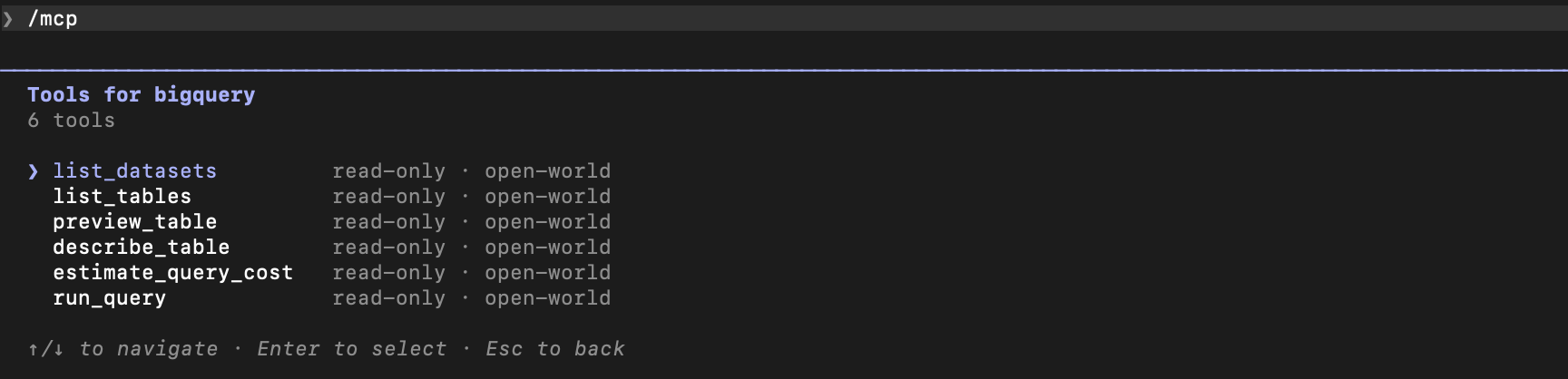 Claude Code の /mcp で bigquery サーバーの6つのツールが並び、すべてに read-only の印が付いている画面