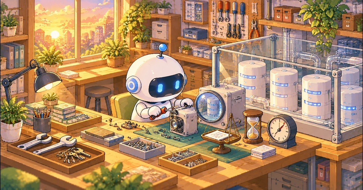 夕方の工房で、白い丸いロボットが作業台で小さな装置をドライバーで組み立てている。奥のガラスケースの中に円柱形のサーバーが並び、装置の丸いのぞき窓から中を見られる。手前に天びん・砂時計・メーター、端に片付けたレンチと鍵の束があるピクセルアート