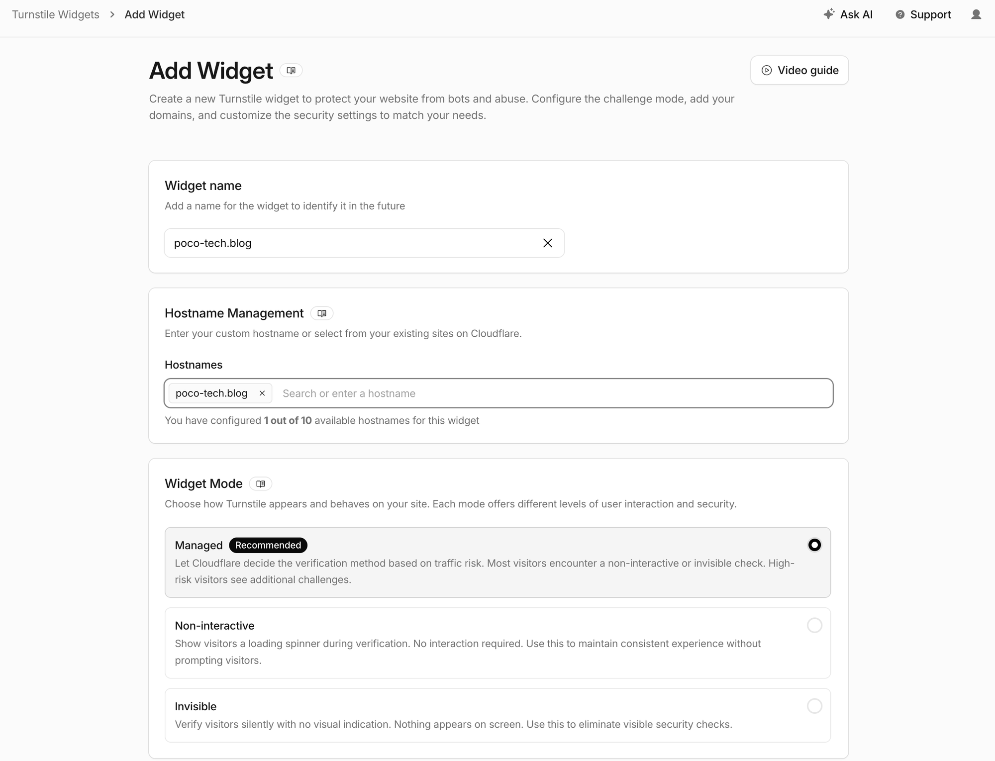 Cloudflare の Turnstile の「Add Widget」画面。Widget name と Hostnames に poco-tech.blog を入れ、Widget Mode は Recommended の Managed を選んでいる