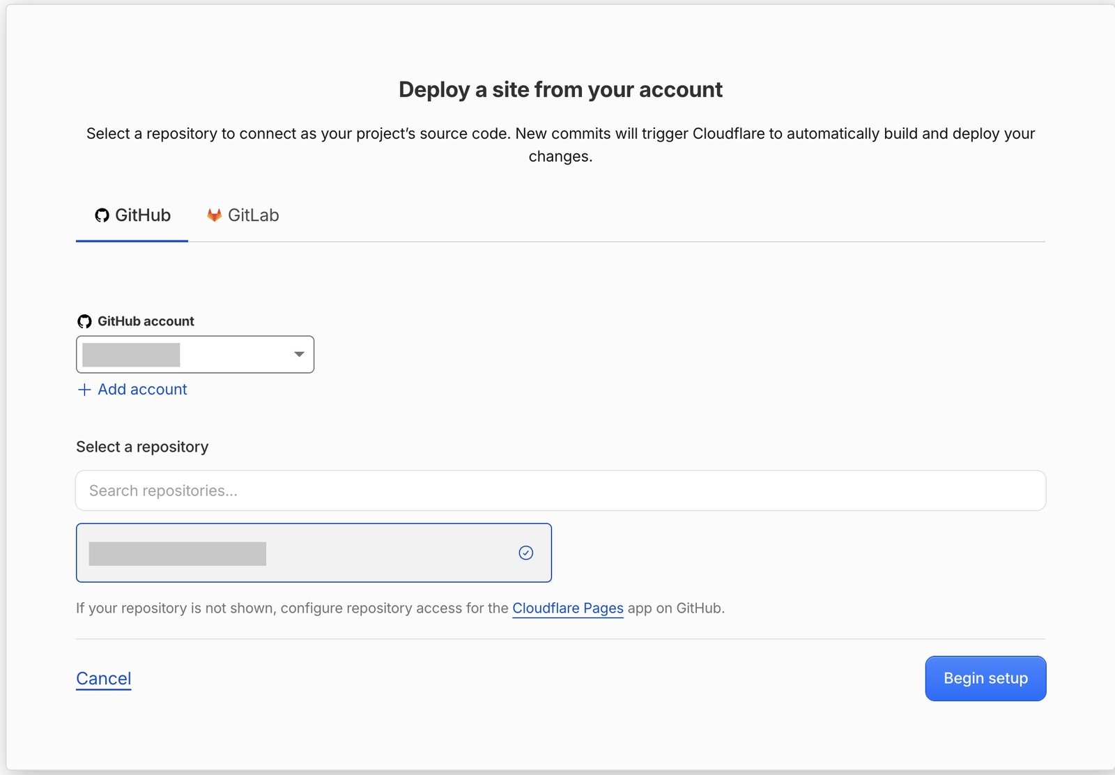 Deploy a site from your account の画面。GitHub のアカウントとリポジトリを選ぶ