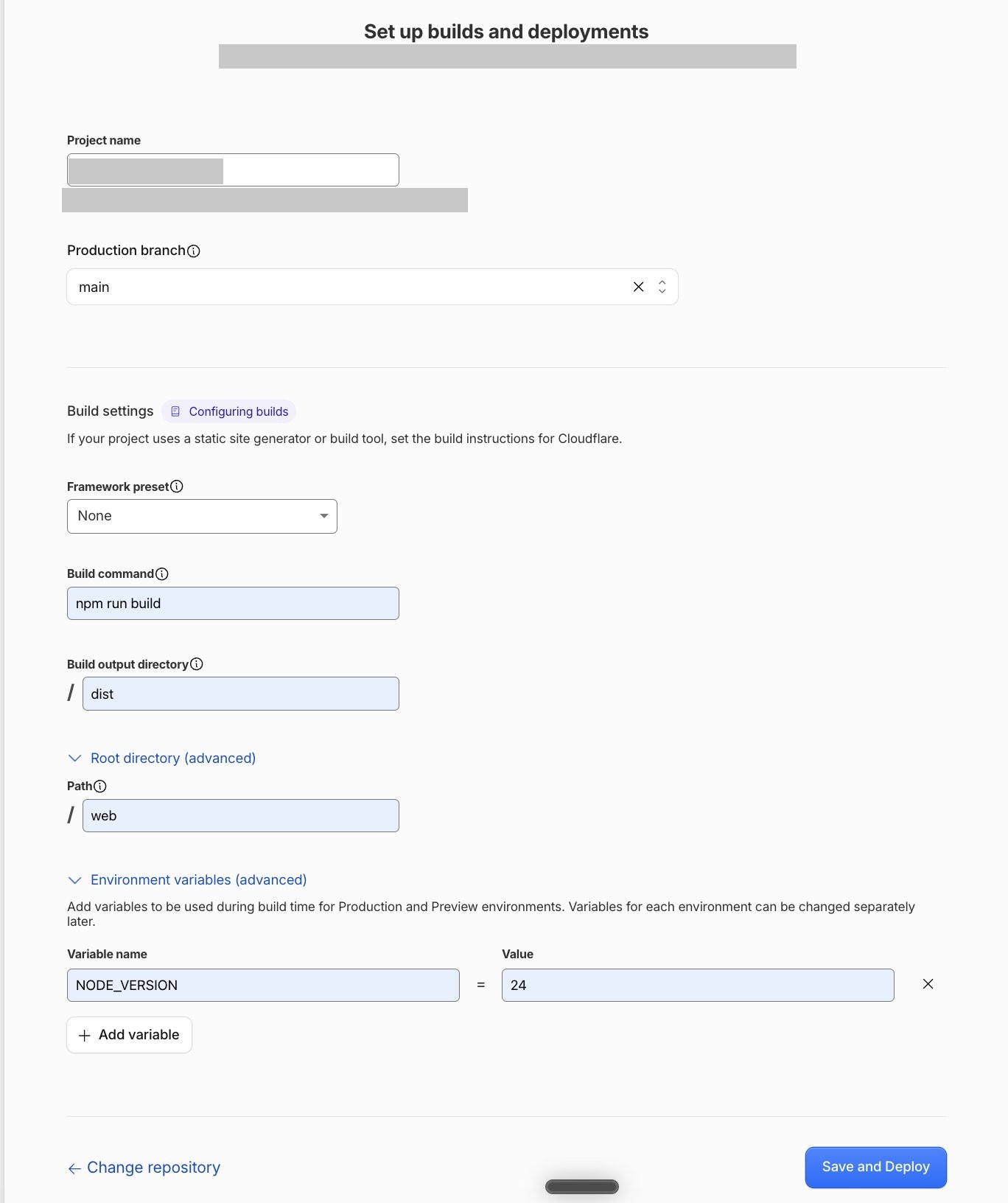 Set up builds and deployments の画面。Build command・Build output directory・Root directory・環境変数を入れたところ