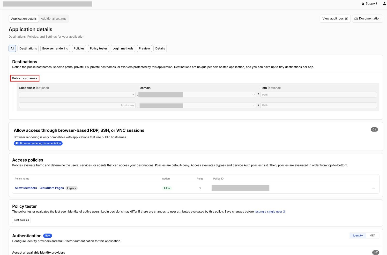 Access のアプリの画面。Public hostnames に、Subdomain が * の行と空欄の行の 2 行が並び、下に Access policies がある