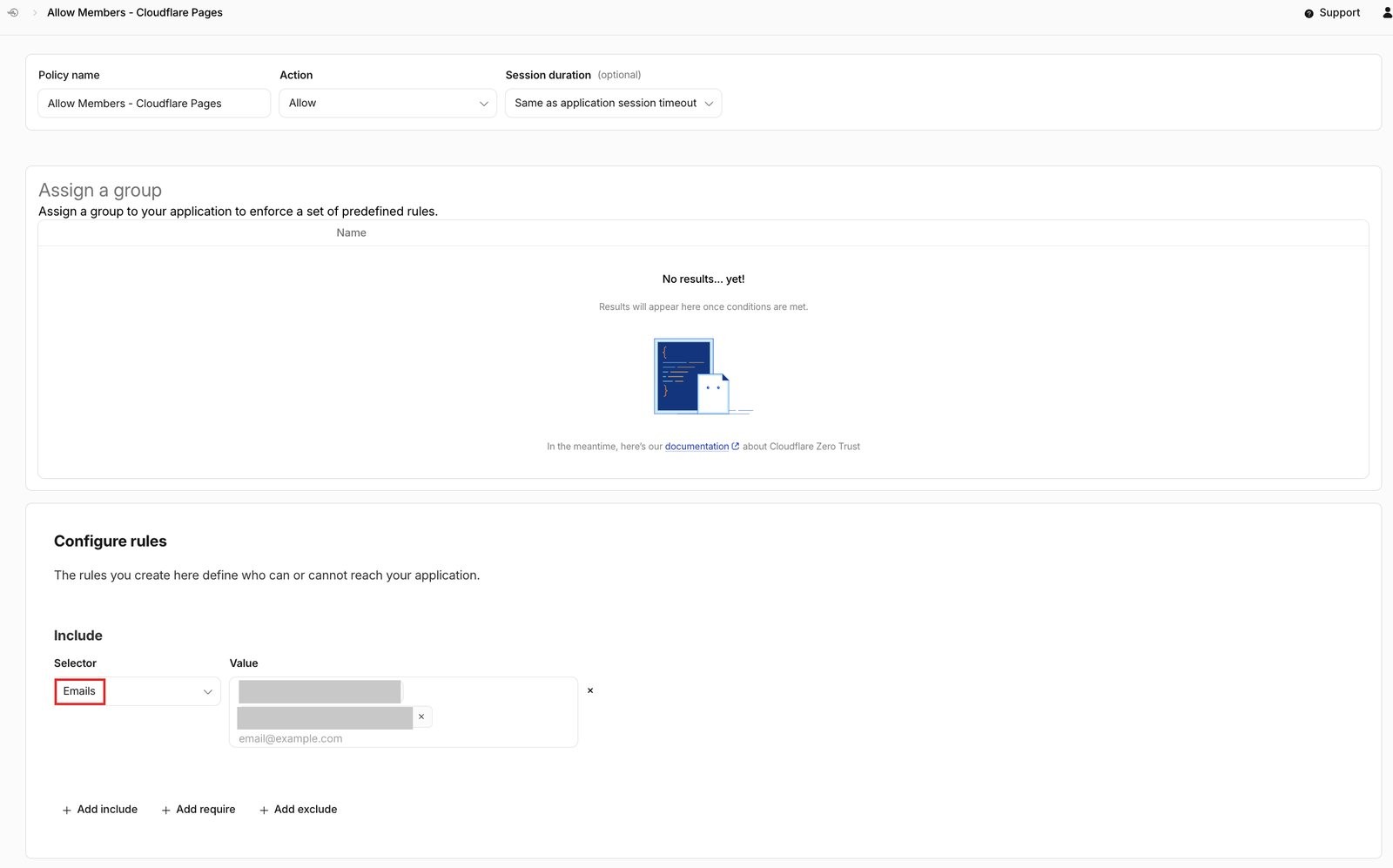 ポリシーの編集画面。Include の Selector を Emails にして、許可するメールアドレスを入れたところ