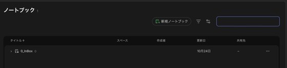 ノートブックの一覧。既定のノートブックが1冊だけ残っていて、中のノートは0件
